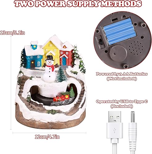 Miniatura 2 de Casas musicales de pueblo navideño con luz LED y tren giratorio, adornos para decoración de centro de mesa con USB y batería, decoración de