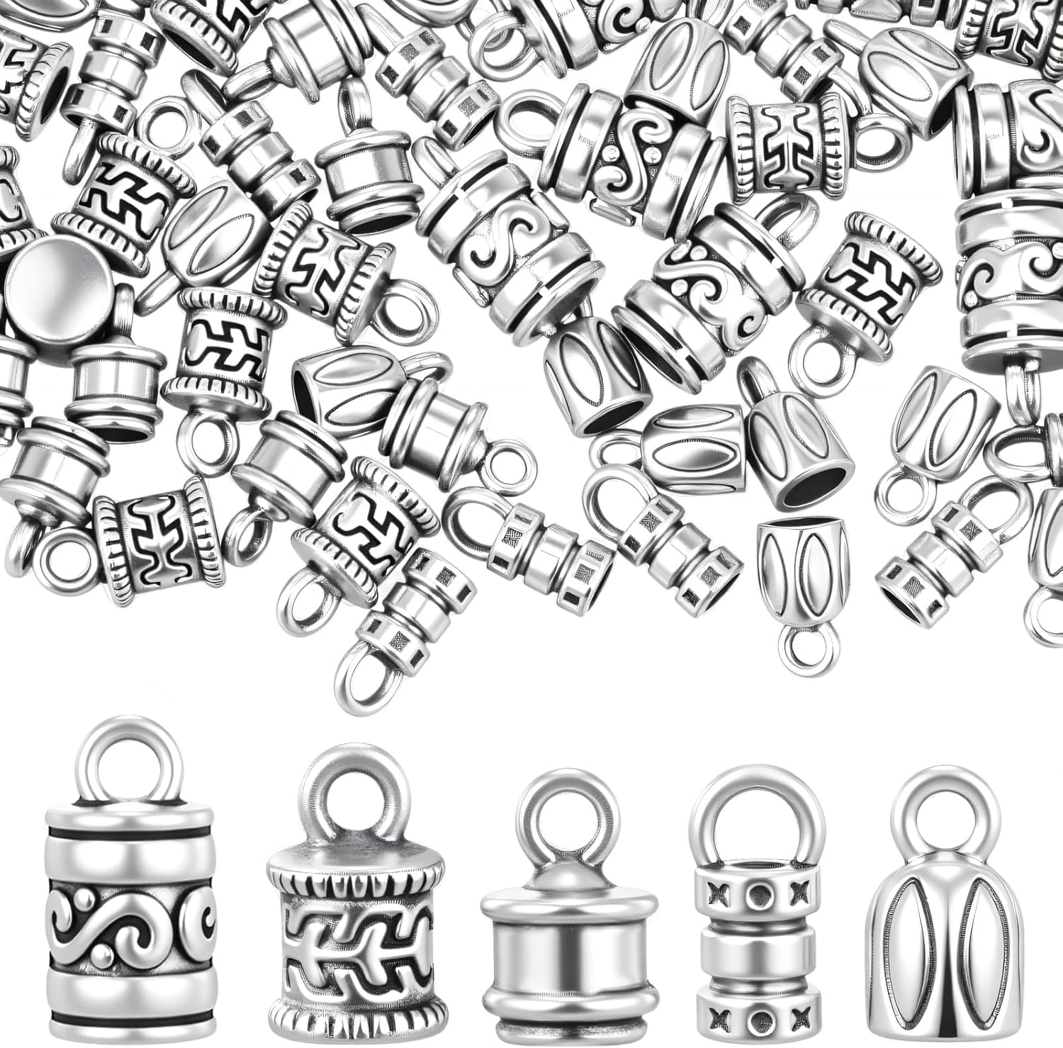 100 PCS Cord End Caps for Jewelry Making, Antique Silver Alloy Crimp Beads End Caps Terminator Ended Tube Tips with Lobster Clasps Jump Rings for DIY Crafts Bracelets & Necklaces (5 Styles)