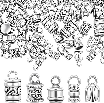 Xinjoduz 100 PCS Cord End Caps for Jewelry Making, Antique Silver Alloy Crimp Beads End Caps Terminator Ended Tube Tips with Lobster Clasps Jump Rings for DIY Crafts Bracelets & Necklaces 5 Styles