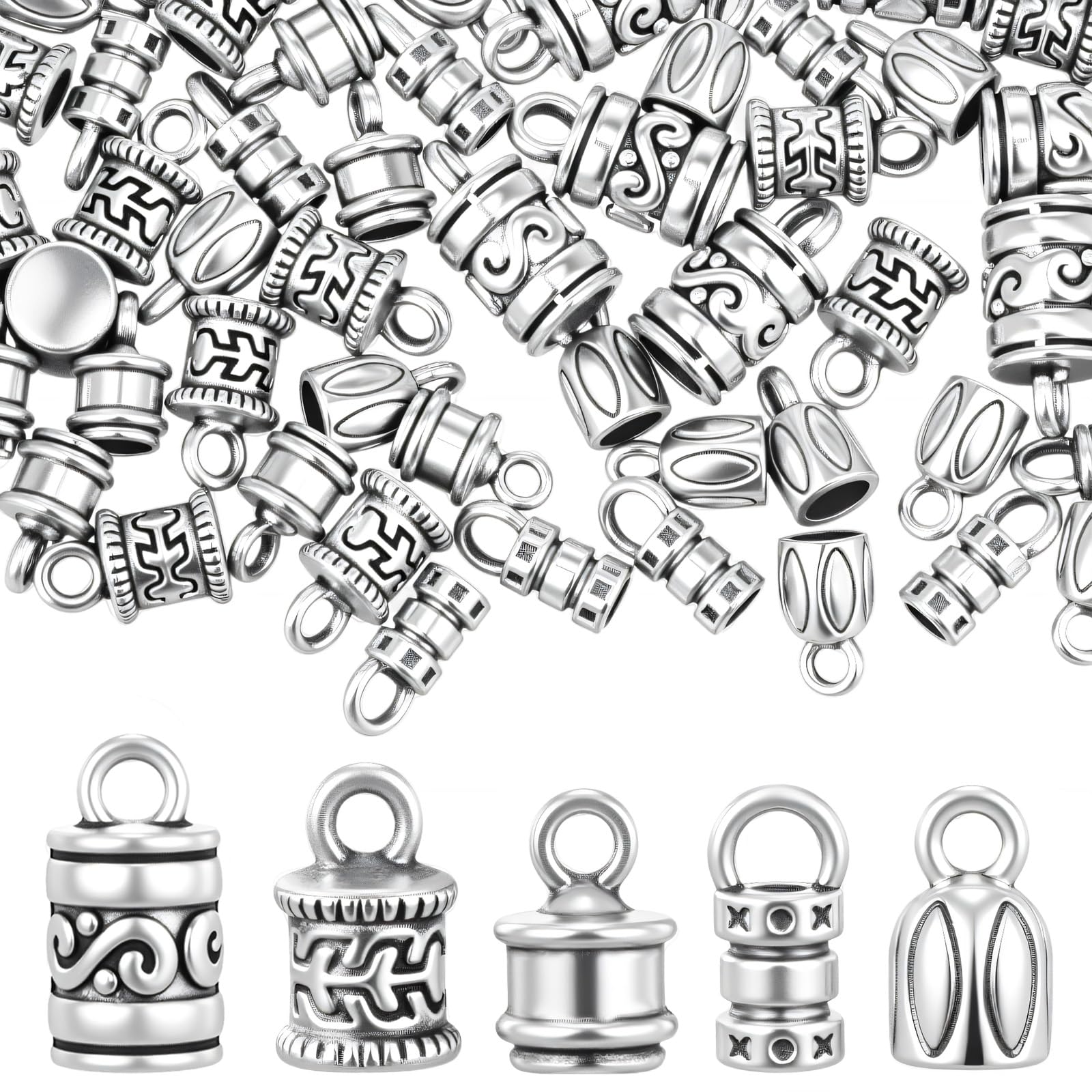 100 PCS Cord End Caps for Jewelry Making, Antique Silver Alloy Crimp Beads End Caps Terminator Ended Tube Tips with Lobster Clasps Jump Rings for DIY Crafts Bracelets & Necklaces (5 Styles)