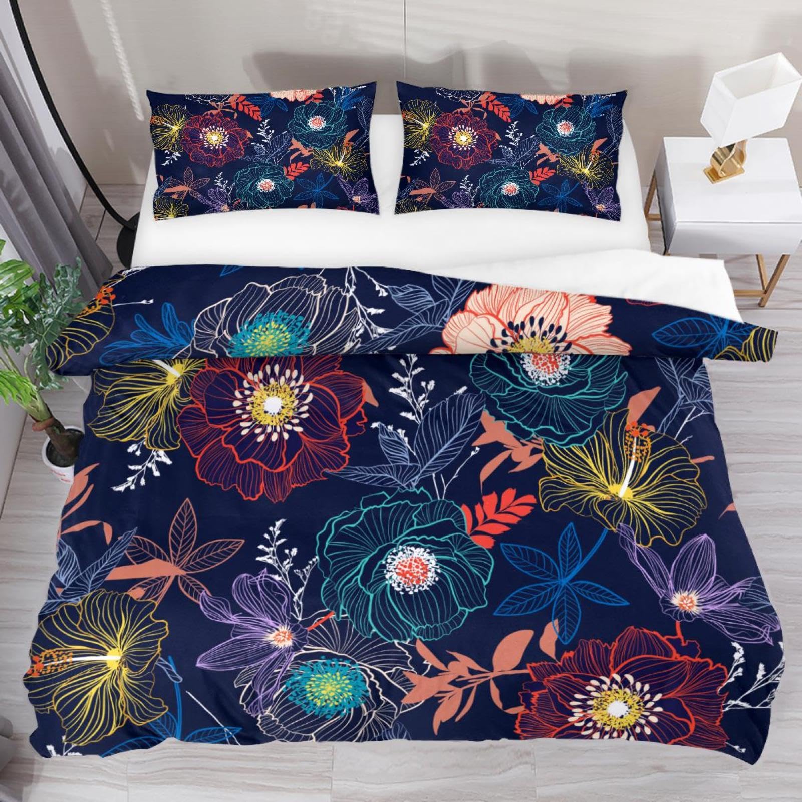Luoweisi King Size Bedding Set Floral Pattern Duvet Cover Set 3 PCS with Pillowcases Ultra Soft Microfiber Comforter Cover