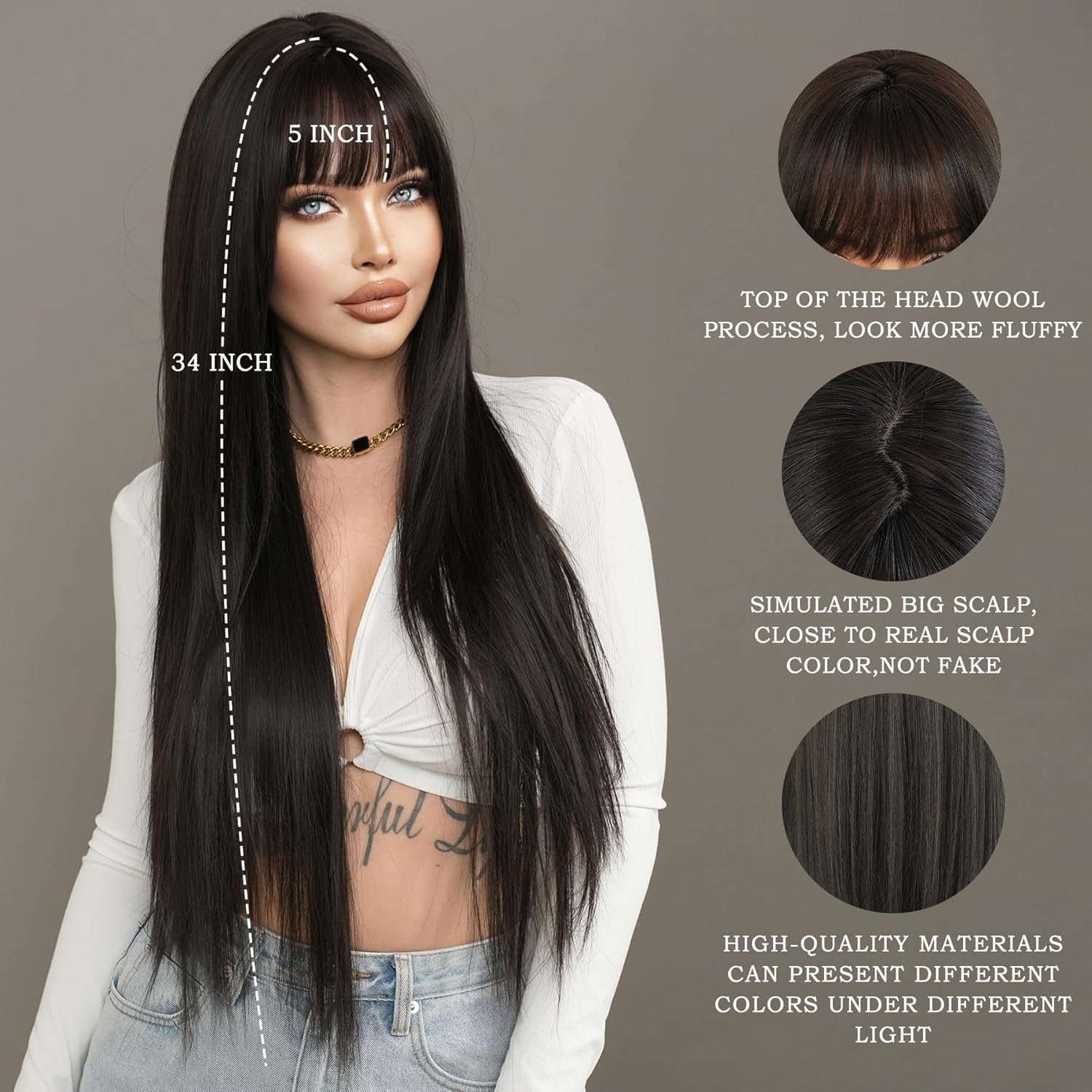 7JHH WIGS 34inch Surper Long Straight Natural Black Synthetic Layered Wigs with Bang Heart Resistant Fiber Hair 140% Density Long Wigs for Women Daily Party Anime Cospaly Used - Image 2