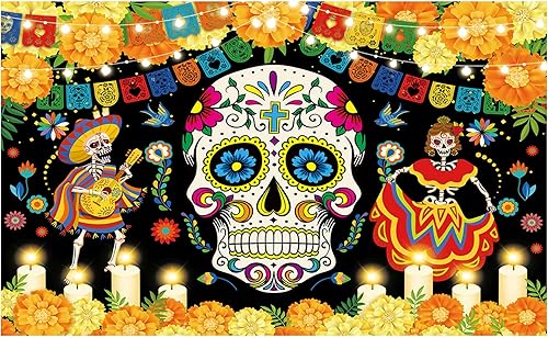 Allenjoy Telón de fondo del Día de los Muertos para fiesta mexicana, calavera de azúcar, fondo de fotografía Dia DE Los Muertos, caléndula, disponible en Yaxa Guatemala