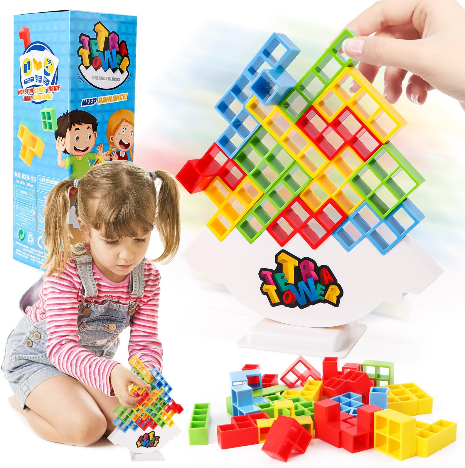 Tetra Tower Balance Game - 48pc Stacking Blocks Building Toy Set - Tetris Puzzle Board Game for Kids and Adults