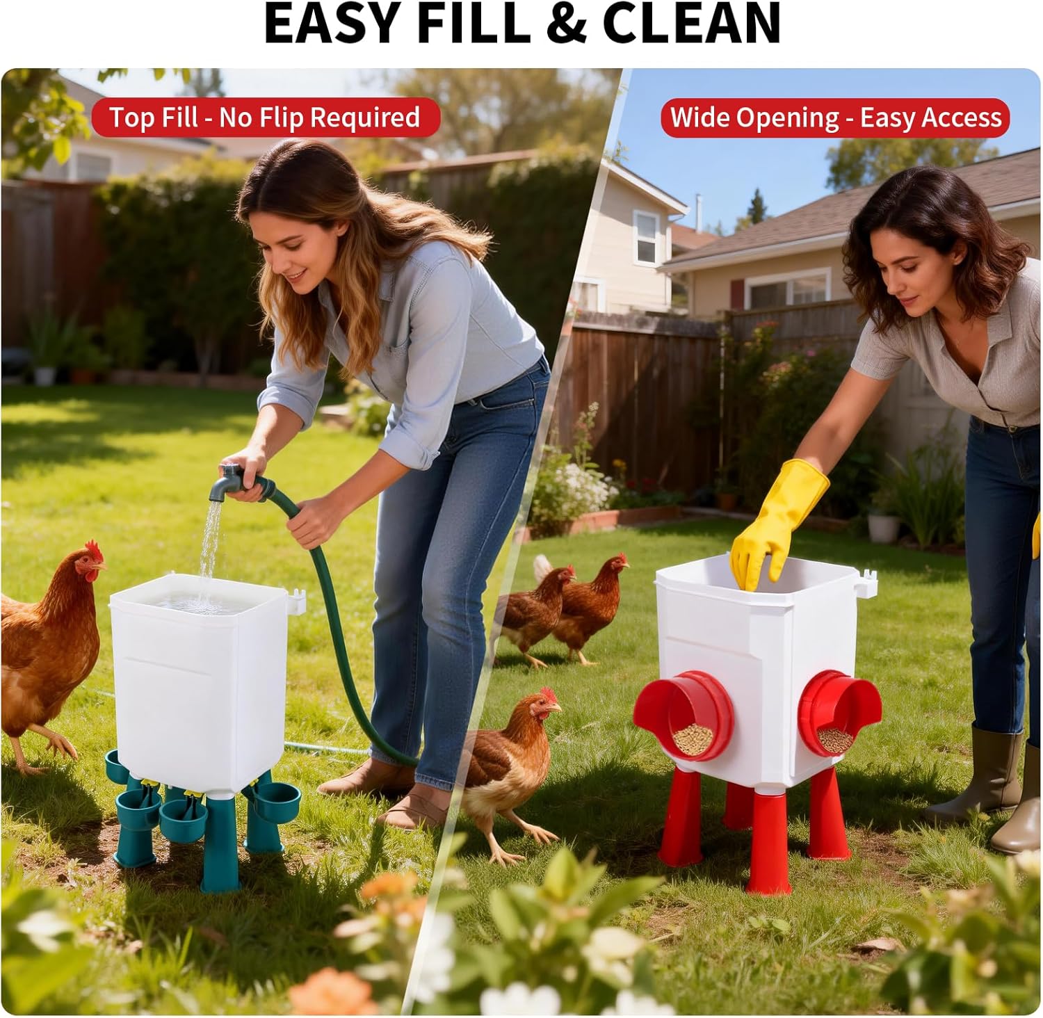 Chicken Feeder and Waterer Set - 2.1 Gal & 17.6 Lbs Automatic Gravity Poultry Kit - No Waste Port Feeder, Leak Proof Hanging Waterer w/Adjustable Legs for Chicks Hens