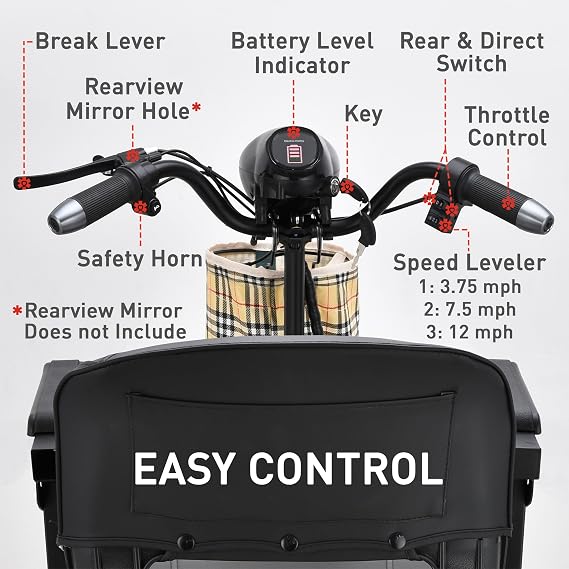 Folding Mobility Scooter for Adults with Seat, 4 Wheel 300 lbs Weight Capacity Orange Folding Scooter, Powered Scooter with LED Headlights, Basket, Charger Included for Elders