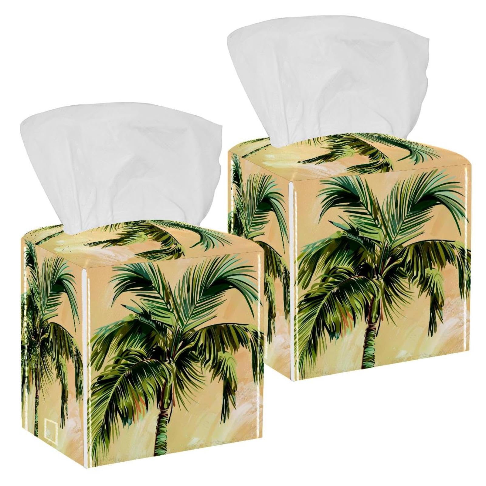Tropical Palm Tissue Box Cover, 2 Pack PU Leather Square Facial Tissue Dispenser Box holder for Home Office Car