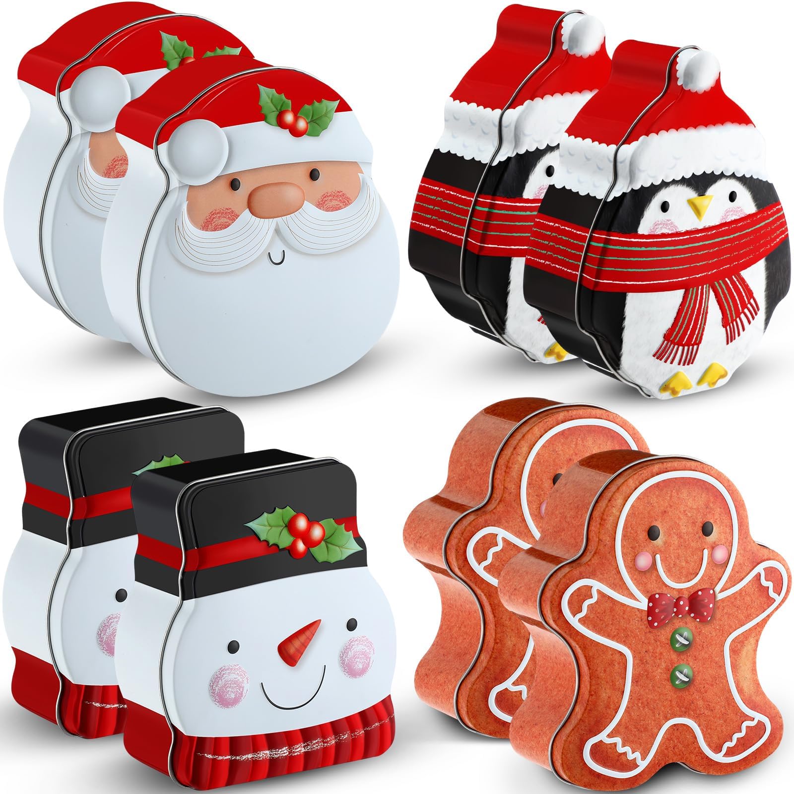 8 Pcs Christmas Tin Box Cookie Tins with Lids Christmas Candy Containers Santa Snowman Gingerbread Penguin Metal Cookie Jar Christmas Biscuits Tin Can for Gift Xmas Card, 5 x 4.3 x 2 Inch