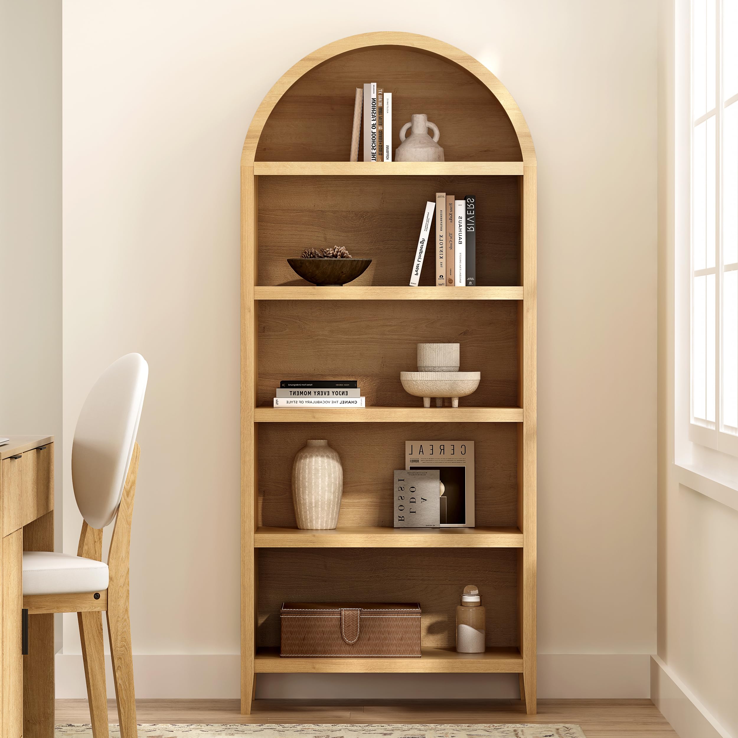 71" tall arched bookshelf, 5-tier farmhouse large open display cabinet, 71" modern wood bookcase with adjustable shelves organizer rack large kitchen pantry storage cabinet natural oak