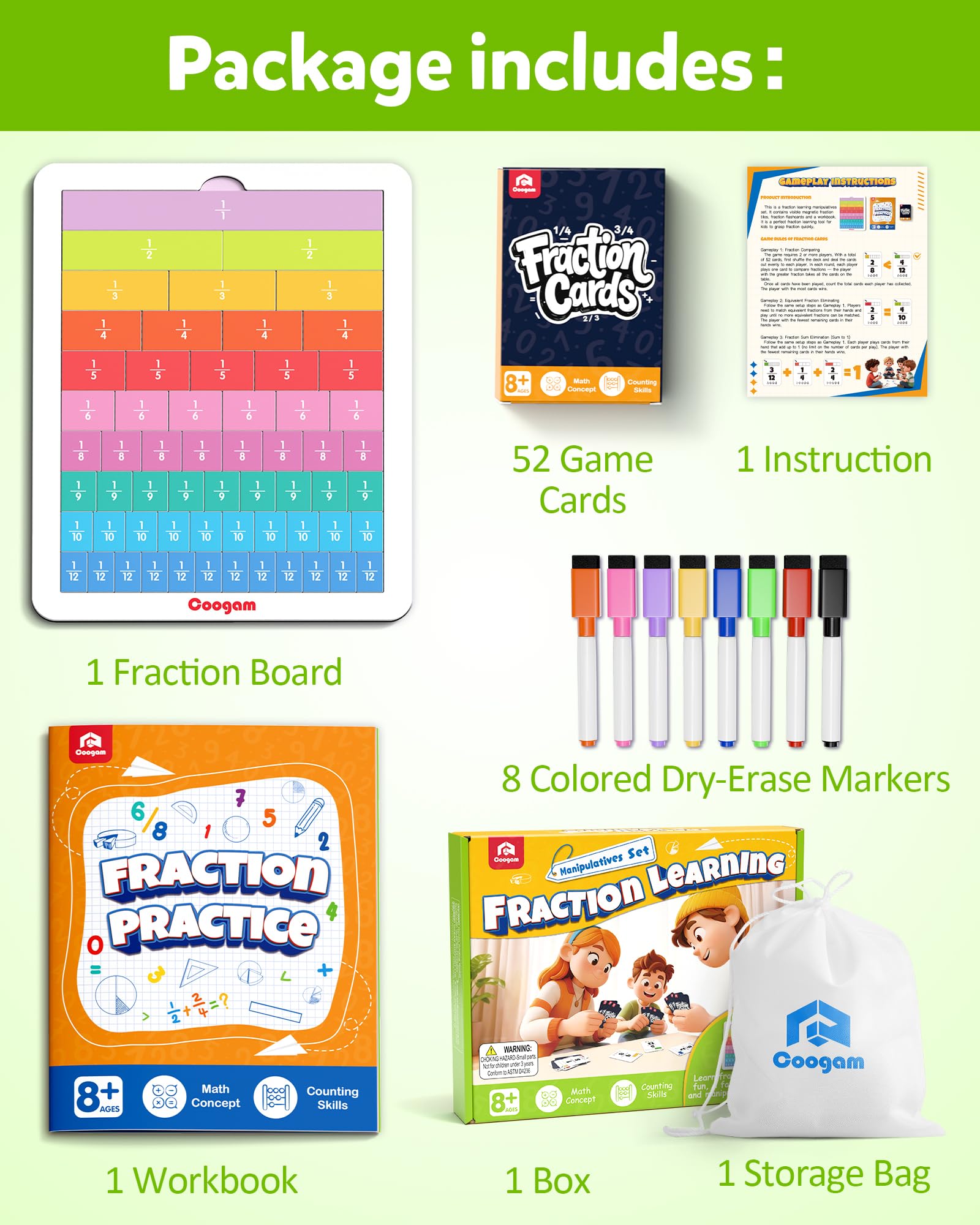 Coogam Magnetische Bruchstreifen – Montessori Mathe-Spielzeug zum Bruchrechnen Lernen & Üben, Lernspiele für zu Hause und die Schule, für die 2. bis 5. Klasse