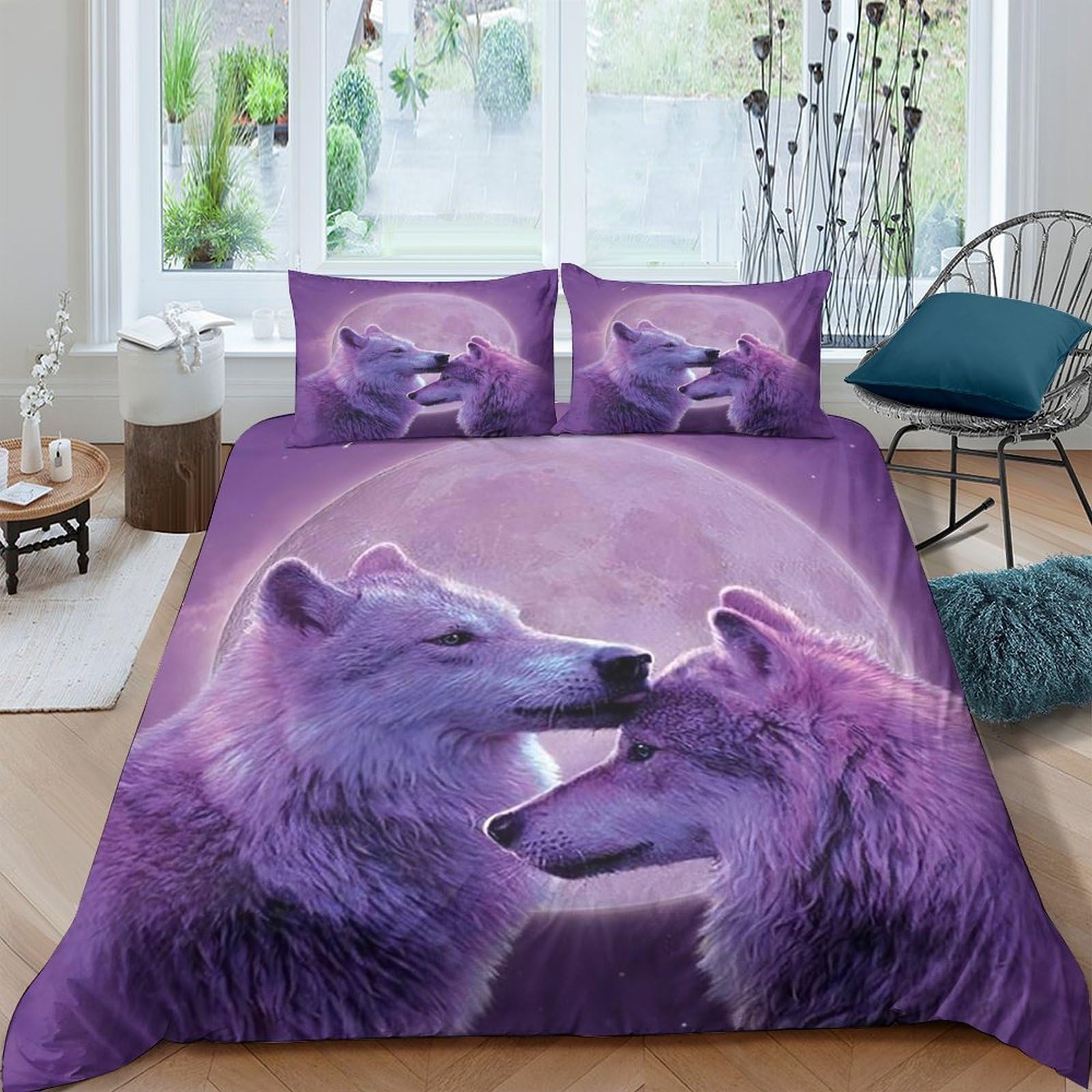 Ctjqhvkz Style-9 3D Printed Purple Wolf Fitted Sheet Microfiber Soft Bedroom Decor Moon Wolf Mattress Cover For Home Dorm Guest Room Single（135X200cm）