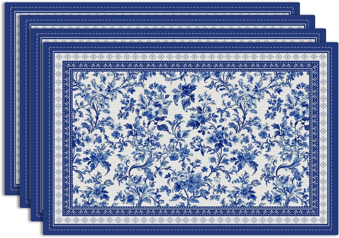 Blue Floral Branches Linen Placemats Set of 4, Chinoiserie Table Mats