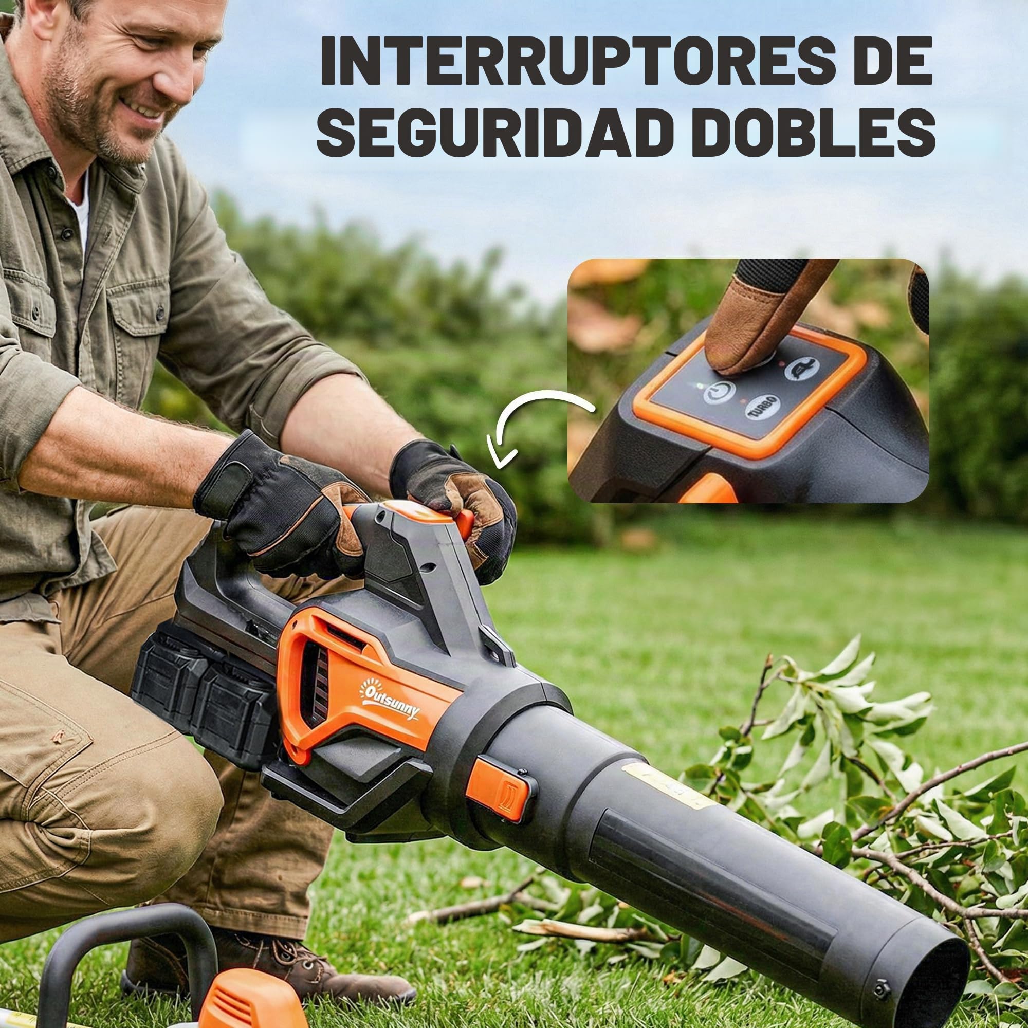 Outsunny Soplador de hojas inalámbrico de 20 V, con 2 baterías de 4,0 Ah y cargador, turbo Boost 162,7 km/h, velocidad de soplado, potencia de succión de 912 m³/h, 3 modos de flujo de aire, correa