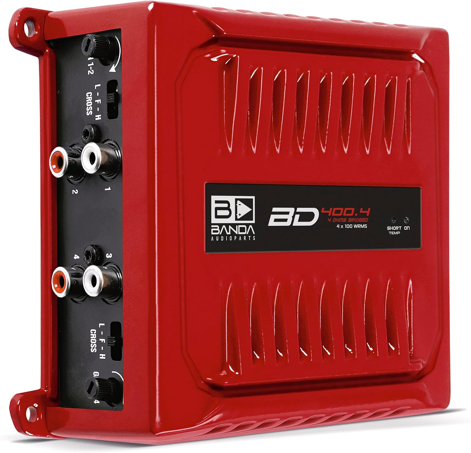 Banda Audioparts BD400.4RED Four Channel 4 x 100 Watt Rms Full Range Car Audio Amplfier 4 Ohms Bridged with Optional Use Low or High Pass Filters Red