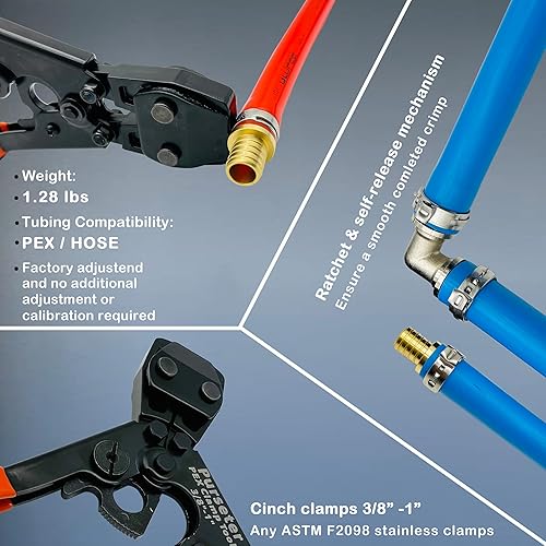 Miniatura 2 de Pinza de tubo PEX, herramienta de prensado para abrazaderas de acero inoxidable de 38 a 1 pulgada con 20 piezas de 12 pulgada y 10 abrazaderas SS