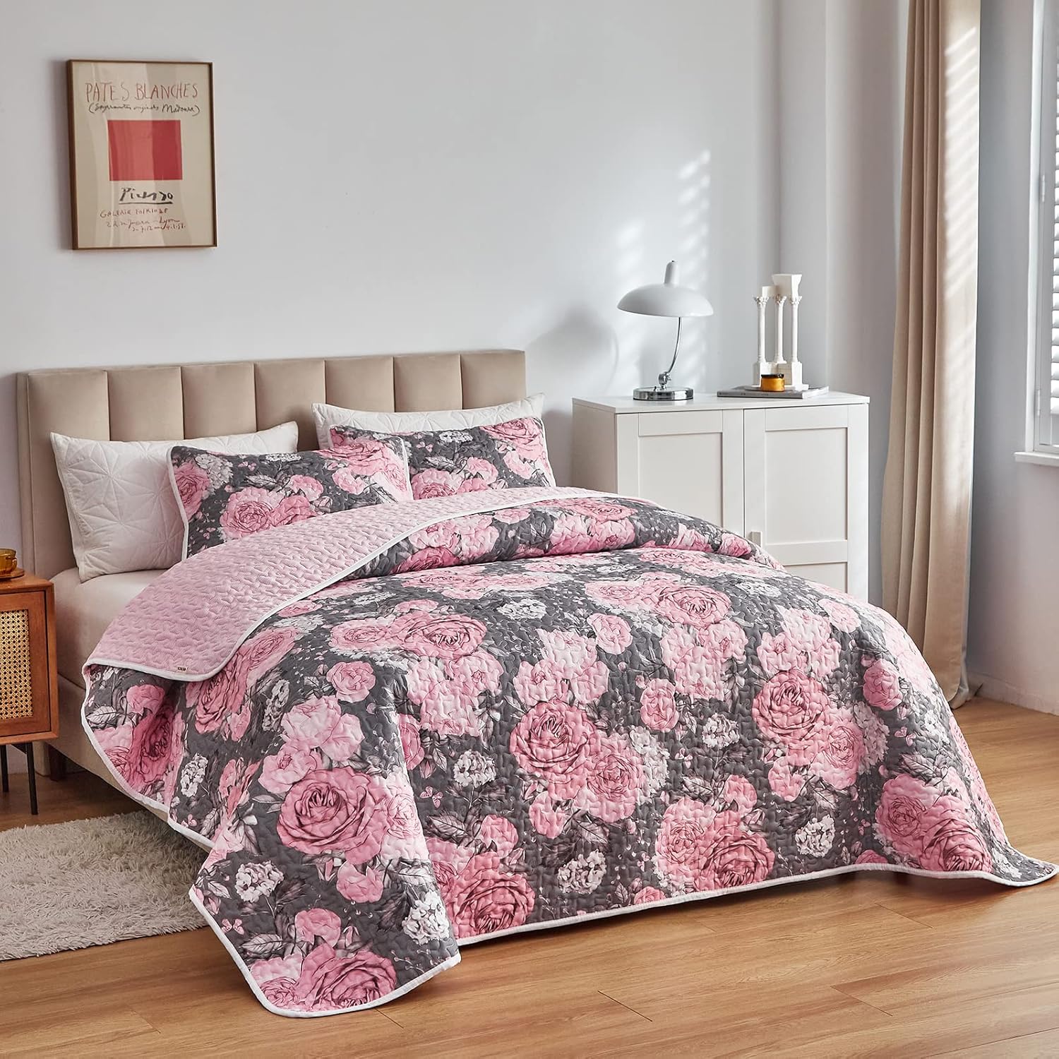 3 Pieces Quilt Set Grey with Pink Floral Quilt Bedding Set Queen Size Soft Microfiber Lightweight Reversible Coverlet Bedspread for All Season Grey Flower Quilt Set (1 Quilt+ 2 Shams) - Image 7