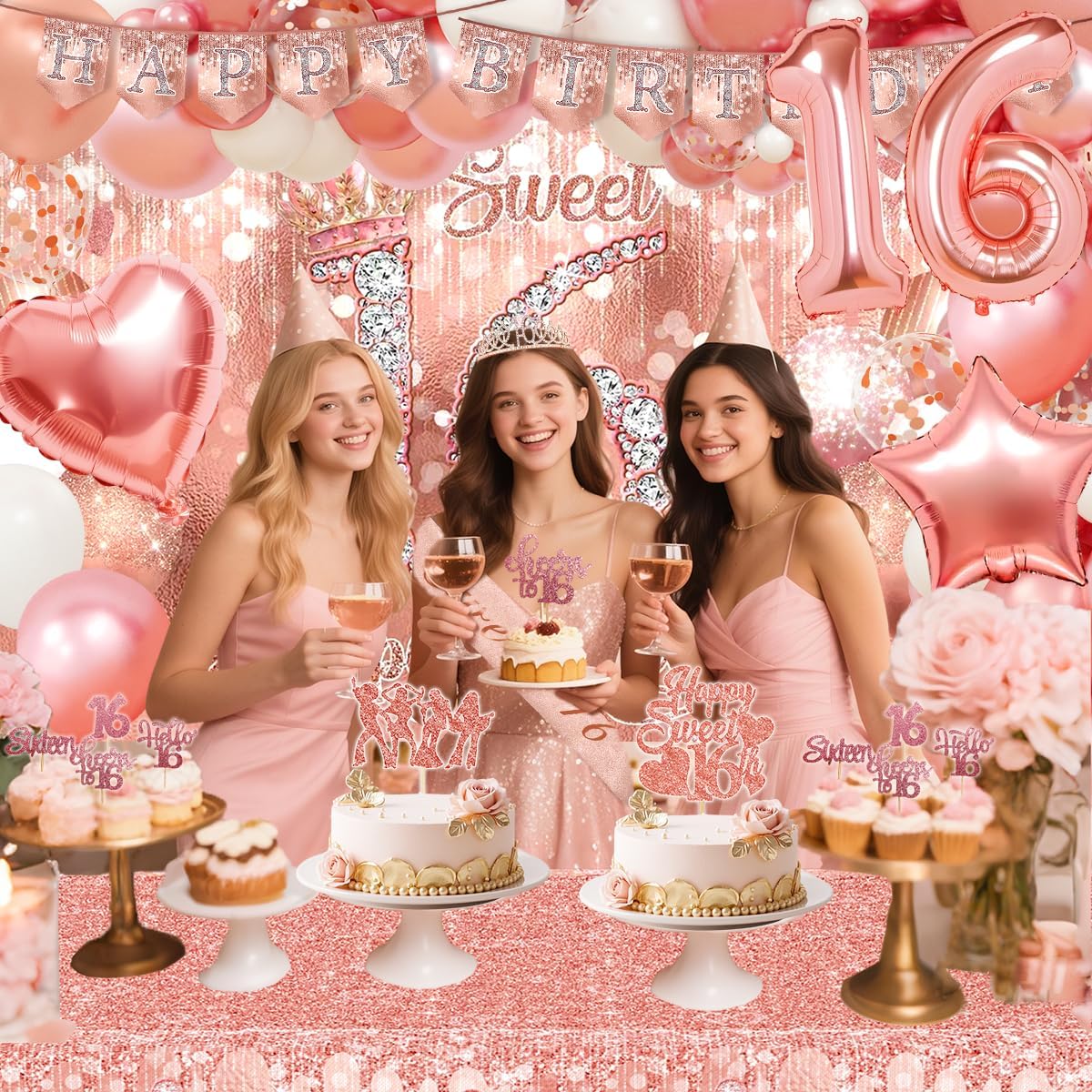 Sweet 16 Birthday Party Decorations for Girls Sweet Sixteen Rose Gold 16th Bday Decor,Glitter Banner Crown Balloon Boxes,Tablecloth,Sash,Backdrop Cake Topper for 16th Girls Pink Bday Party Supplies image 5