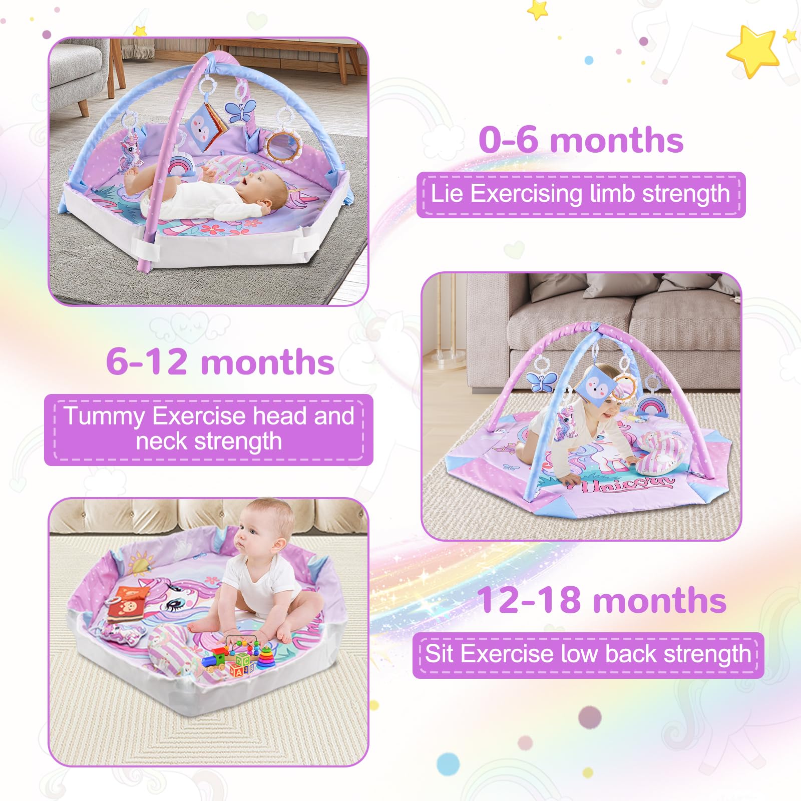Gimnasio Bebe Unicornio 4 en 1, Manta Actividades Bebe con 5 Juguetes Colgantes y Almohada, Alfombra Juegos Acolchada Plegable, Alfombra Sensorial para Recién Nacidos, 3-24 Meses