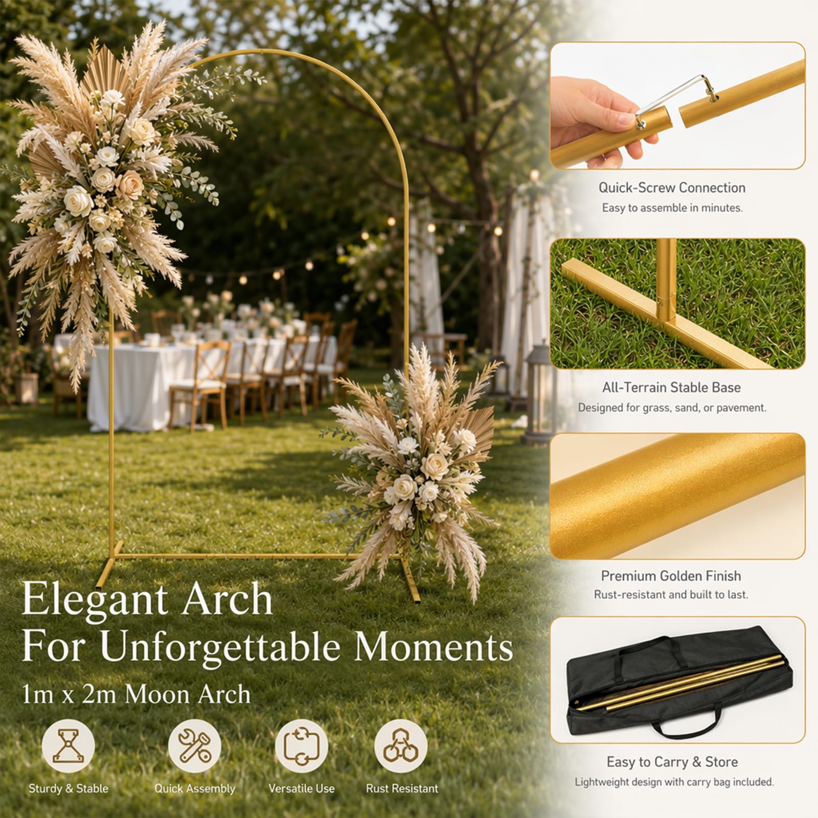 Goldfarbener Hochzeitsbogen 120x220cm – Eleganter Party-Hintergrund