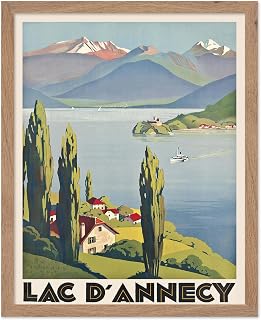 Monem Art Vintage Travel Poster - Retro Tourism Print - Lake Annecy, France, Europe, Advertising, Landscape - Gift for Artist, Friend - Wall Decor for Home, Office, 11x14 Beige Framed
