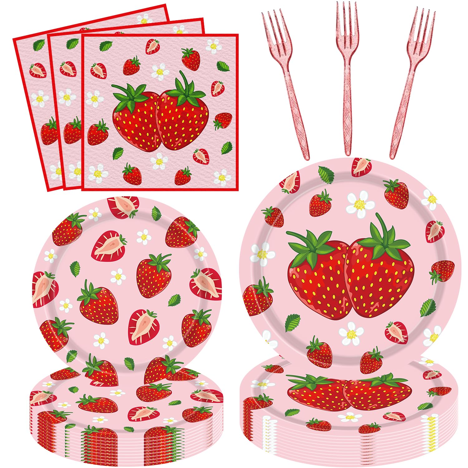 160PCS Strawberry Theme Tableware Set Strawberry Birthday Party Supplies Sweet Berry Decor Fruit Theme Birthday Party Decorations Honey Pink Plates