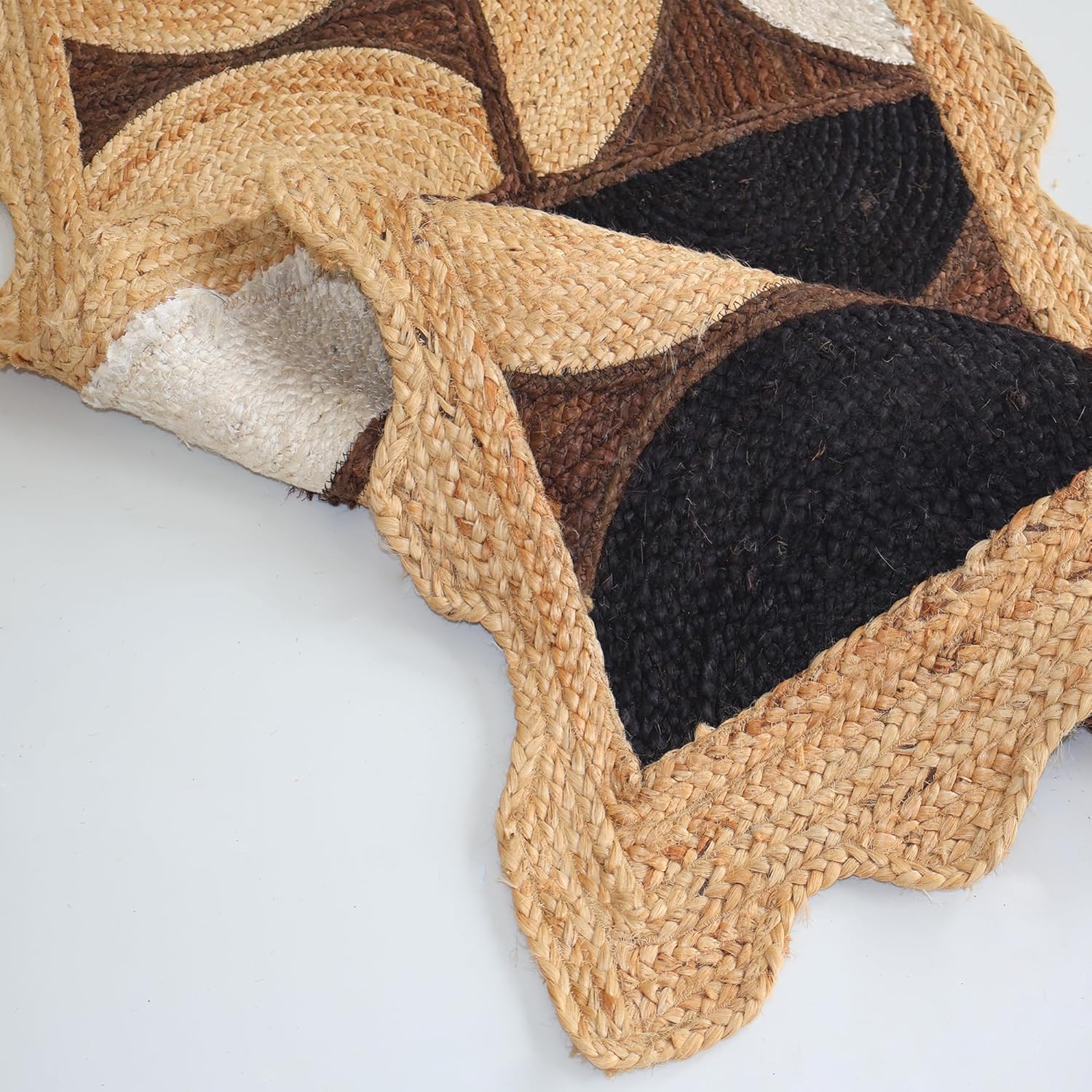 Jute Scalloped Rug 12x15 Indian Jute Hand Woven Area Rugs Thick 0.27" Geometric Half-Moon Brown & Black Rugs for Living Room, Bedroom, Home/Office Decor Carpet