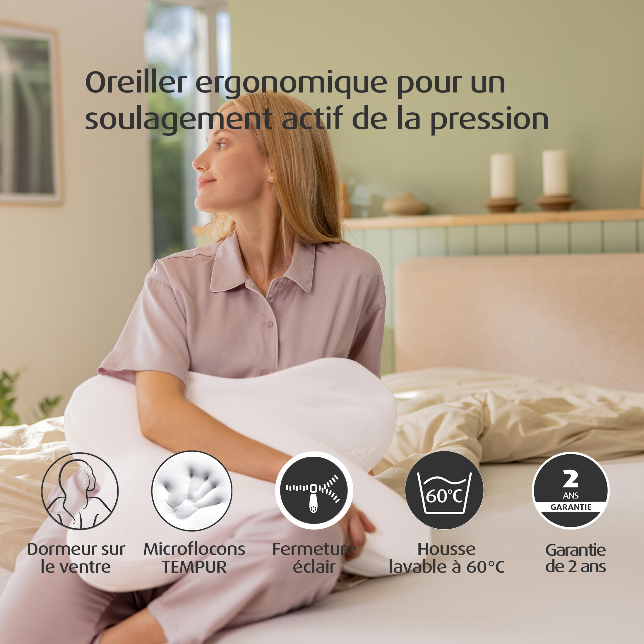 TEMPUR Ombracio Coussin de Couchage Ergonomique en Forme de Papillon, fermeté Moyenne, 60 x 50 x 10 cm, Blanc