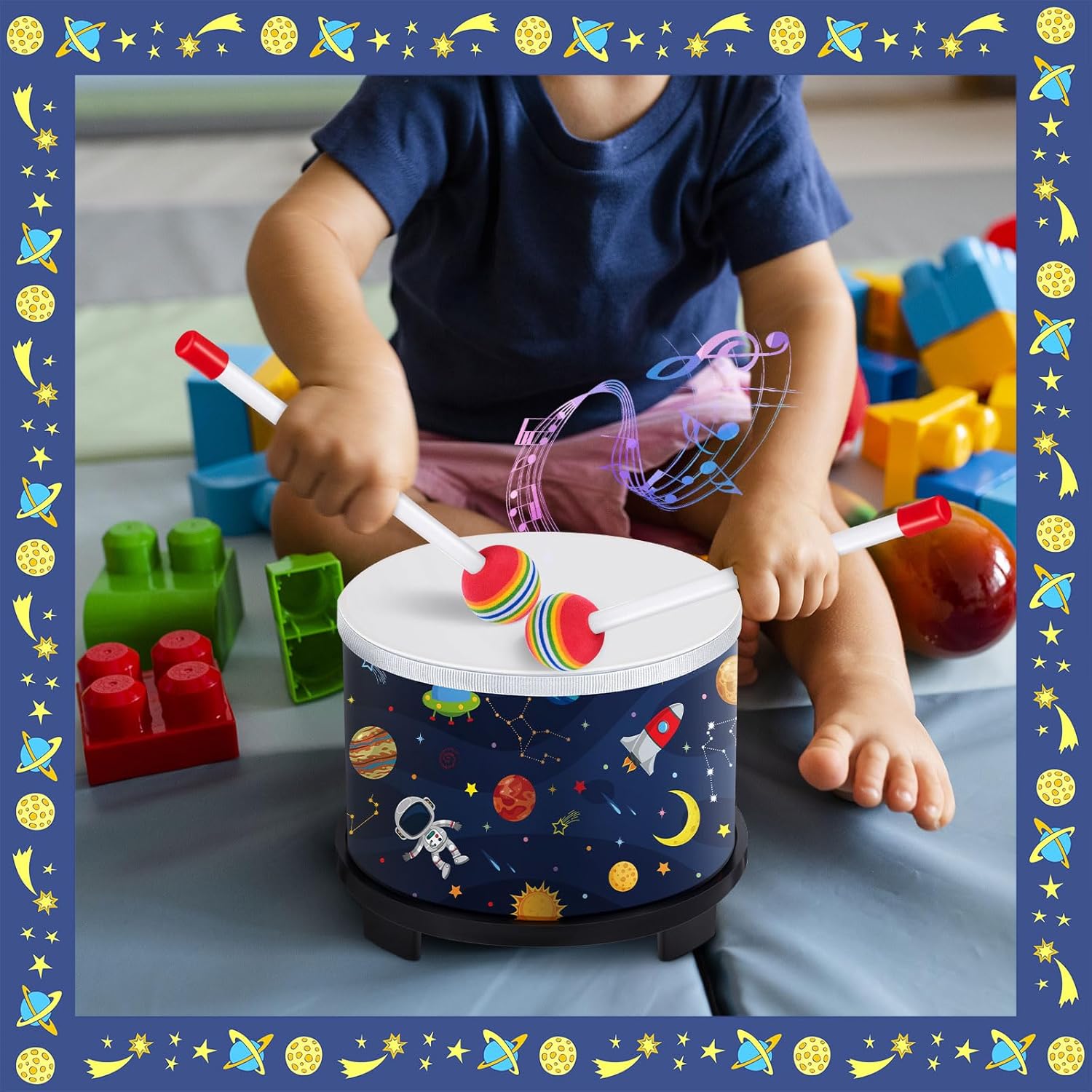 Boao Floor Tom Drum for Kids 8'' W x 6.5'' H Wooden Percussion Instrument Music Drum with 2 Rainbow Mallets Astronaut Educational Toys for Baby Children Toddler Boy Girl Birthday Gift