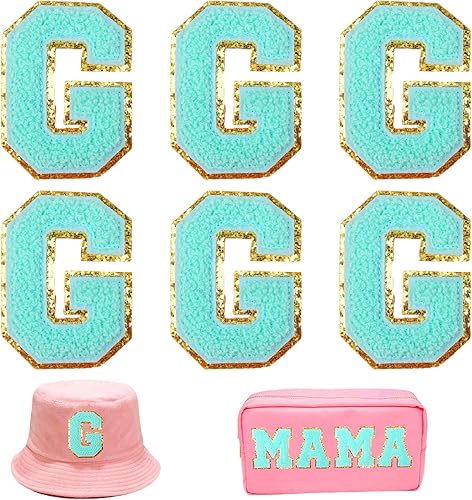 Parches de letras de felpilla termo-adhesivas para ropa, chaquetas, mochilas, parches de letras con brillantina (Azul, G)