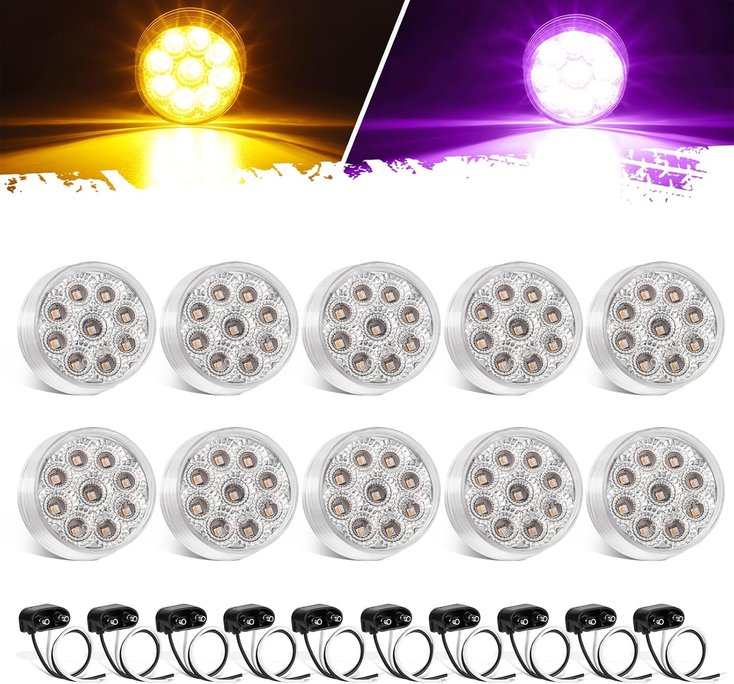 Partsam 10Pcs Dual Revolution 2 inch Round 9LED Marker Light, Amber Side Marker Clearance Lights to Purple Auxiliary Lights for Trailer Truck, Clear Lens,12V, Waterproof