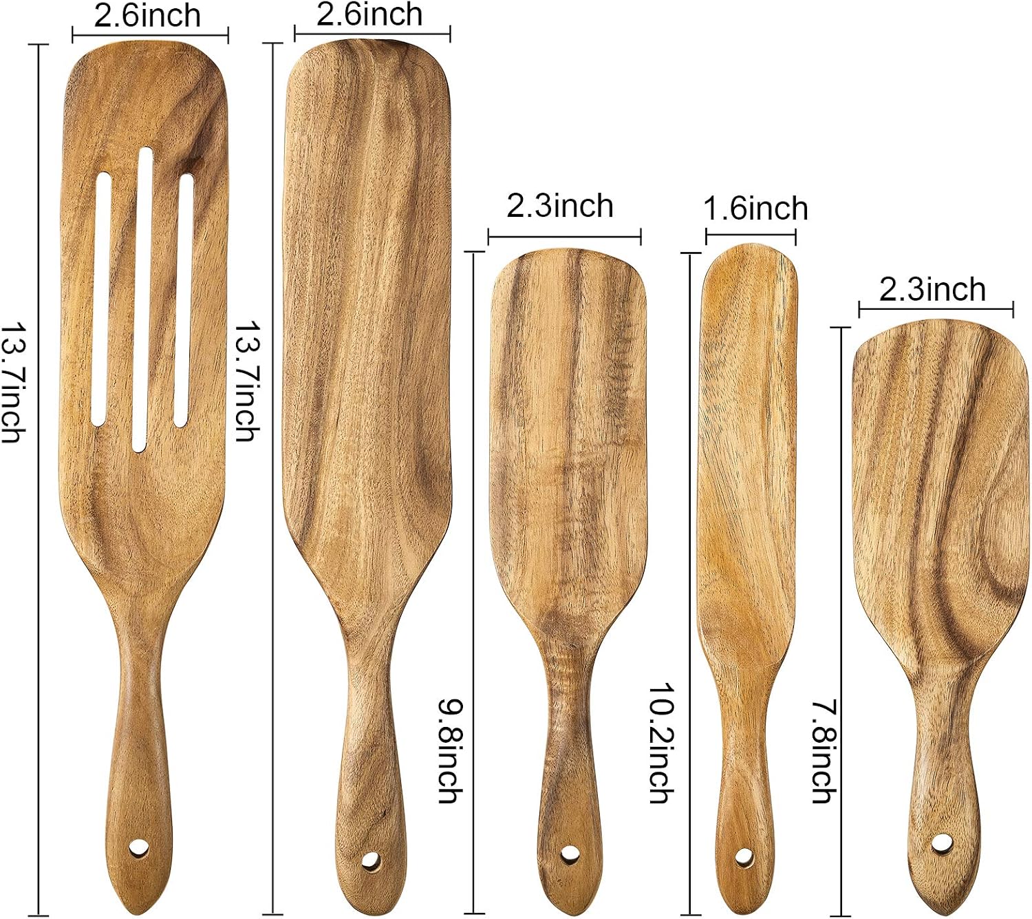Spurtle Set, Natural Teak Wood Kitchen Utensils Set, 100% Healthy and Heat Resistance Wooden Cooking Utensils Set for Non Stick Cookware and Instant Pot (5 pcs)