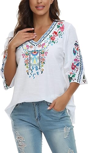 Miniatura 8 de YZXDORWJ Camisas mexicanas bordadas de verano para mujer, blusa casual de manga corta