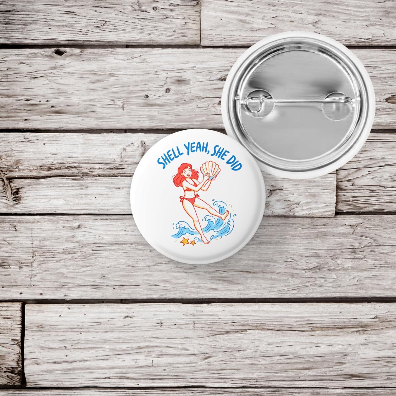 Shell Yeah She Did Lapel Pin – Funny Beach Pun Button – Women Empowerment Coastal Ocean Badge – Summer Celebration Gift, Beach Girls Trip Party Badge – Coastal Vacation Ocean Theme Lapel Pin