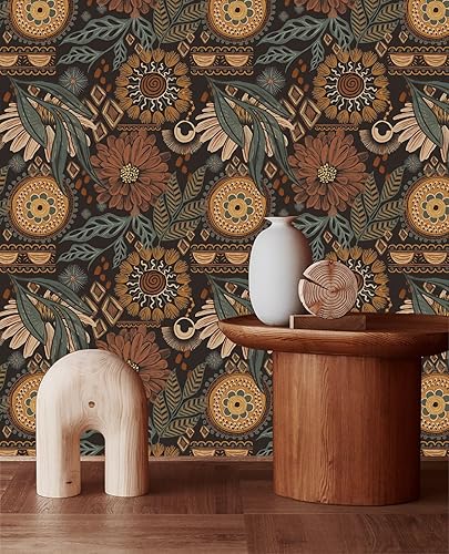 Miniatura 2 de HAOKHOME 93291 - Papel pintado floral bohemio marrónmelocotónverde, decoración de pared retro para baño, mural extraíble de 17.7 x 9.8 pies
