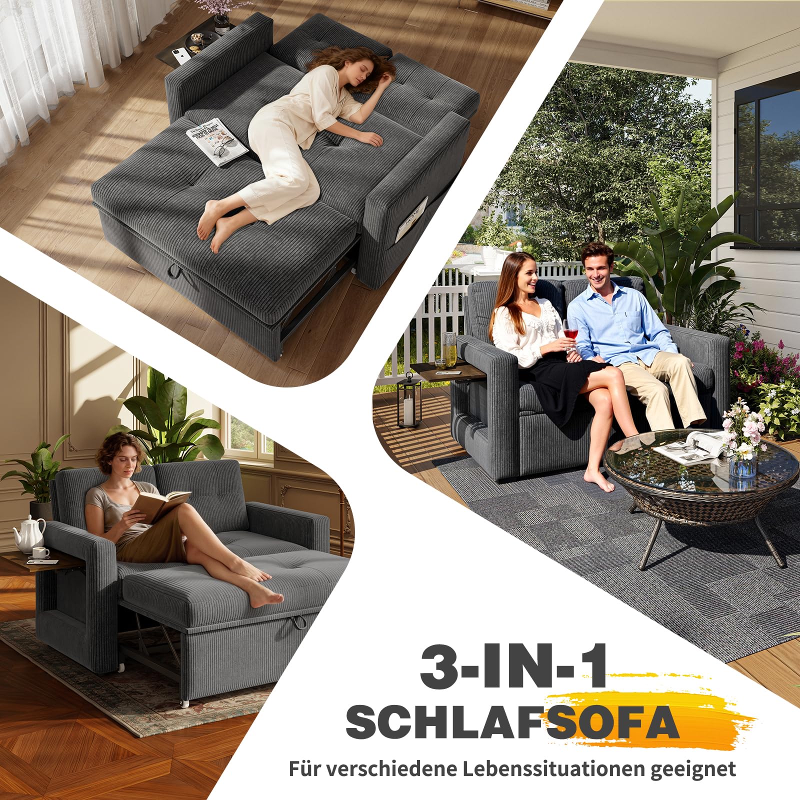 YOUDENOVA Schlafsofa mit 5-stufig Verstellbarer Rückenlehne, 2 Sitzer Sofa mit Schlaffunktion, Sofa Bed mit Tisch, Schlafcouch mit Bettfunktion, Couch Ausziehbar, 177x135 cm, Cord Grau