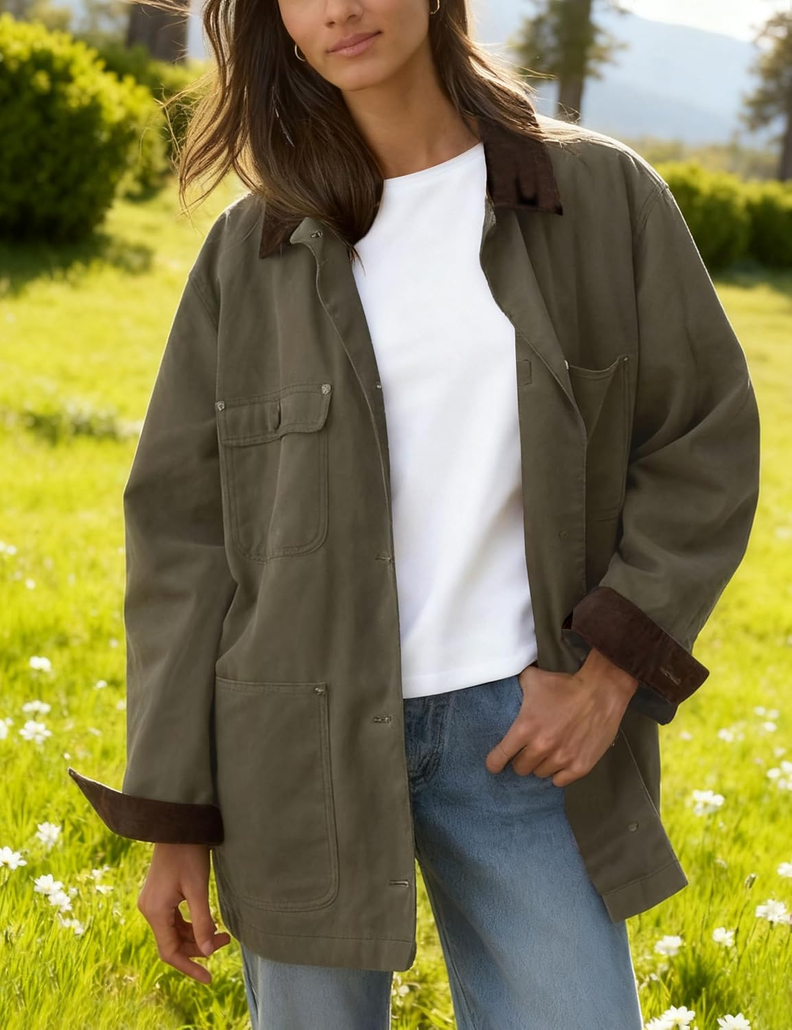 GTLIAE Barn Jackets for Women 2025 Fall Oversized Utility Cotton Coat Corduroy Collar Vintage Workwear with Pockets - Image 4