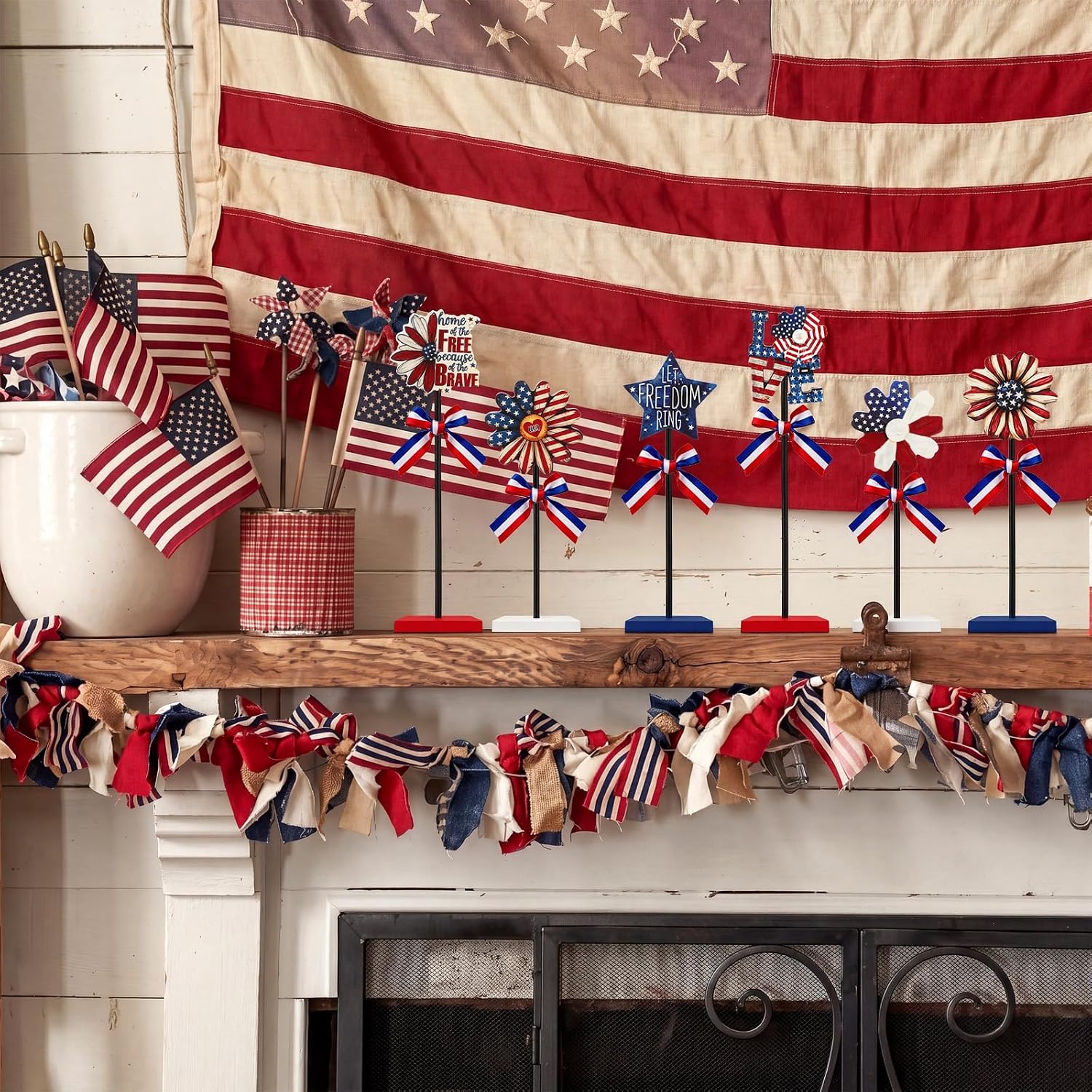 Novabright 6 Pcs 4th of July Table Decoration Patriotic Tiered Tray Decorations for 250th Anniversary Wooden Vintage Rustic Star and Daisy 4th of July Red White and Blue Tabletop Decor for Home