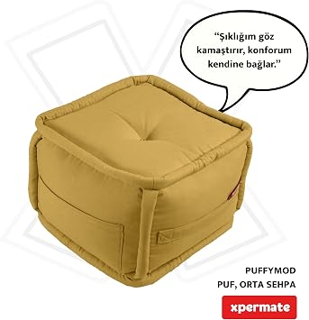 XPERMATE PuffyMod Dekoratif Kare Puf Orta Sehpa Ayak Uzatma Puf 40x32 cm (Hardal)
