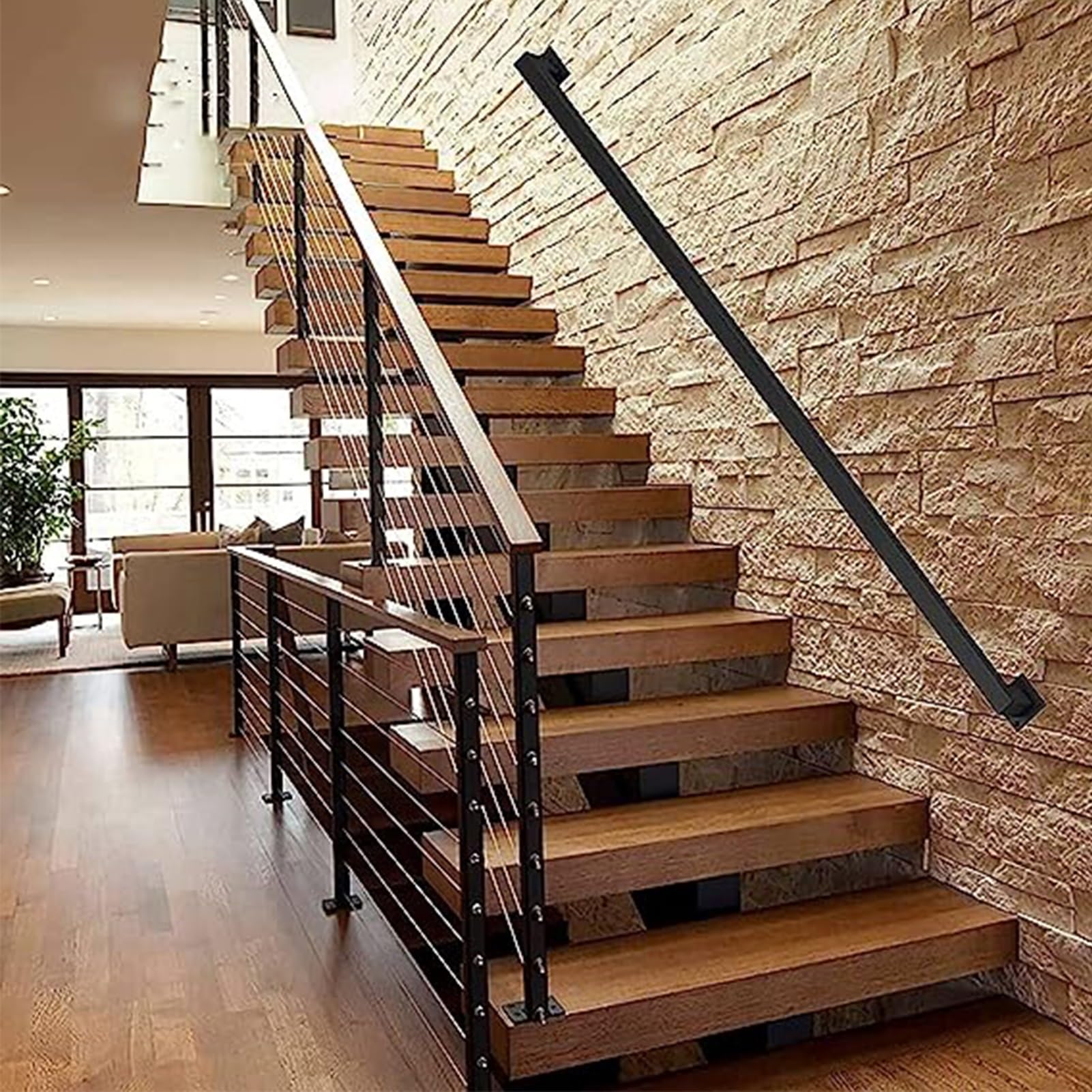 30–600 cm Handlauf für Treppen im Innen- und Außenbereich, Treppengeländer, Handläufe aus Schmiedeeisen, Sicherheitshaltegriff mit Wandhalterungen und Metallschrauben (schwarz, 2 F