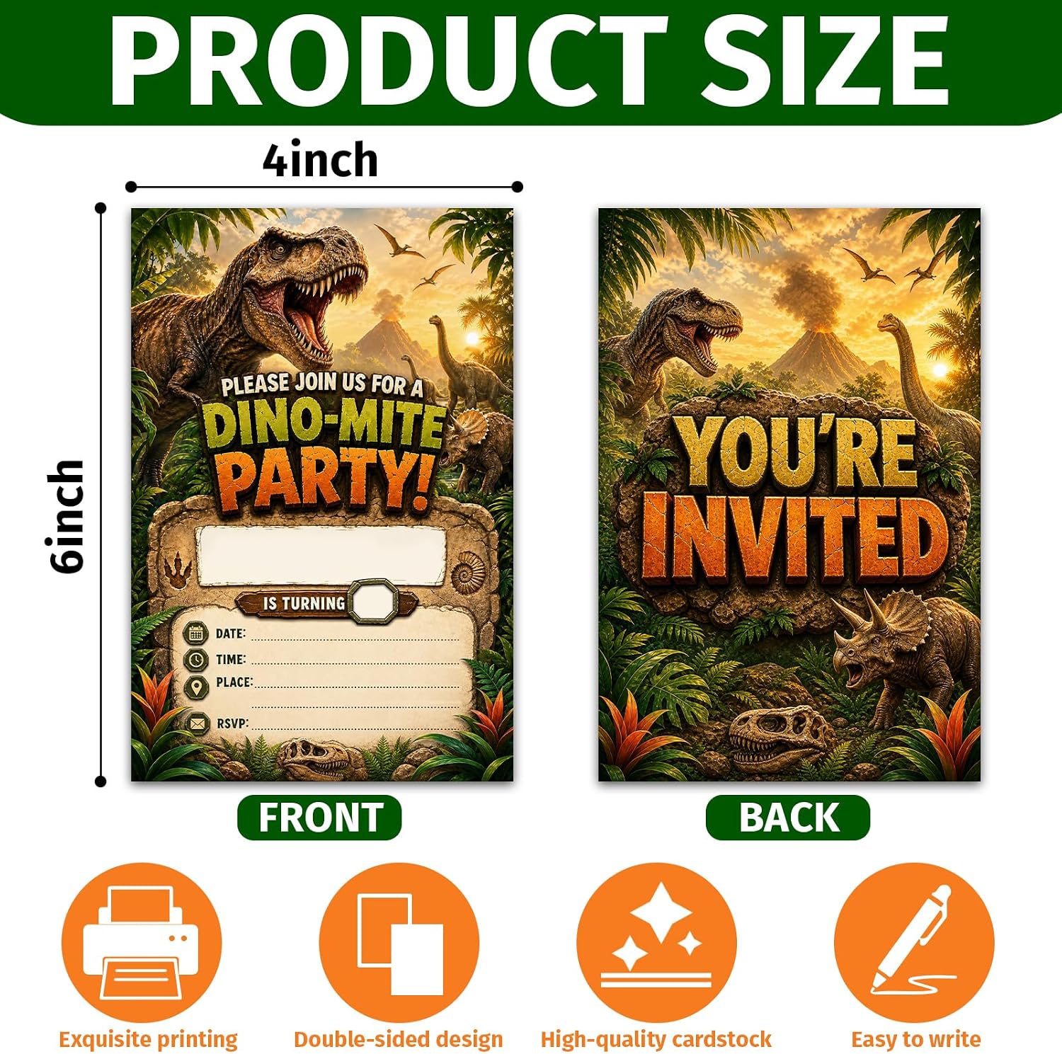 T-Rex Dinosaur Birthday Invitations, Dino-mite Party Invites for Boys, Jurassic Prehistoric Theme Birthday Supplies, 20 Pcs Stone Style Fill-in Birthday Cards with Envelopes-4x6