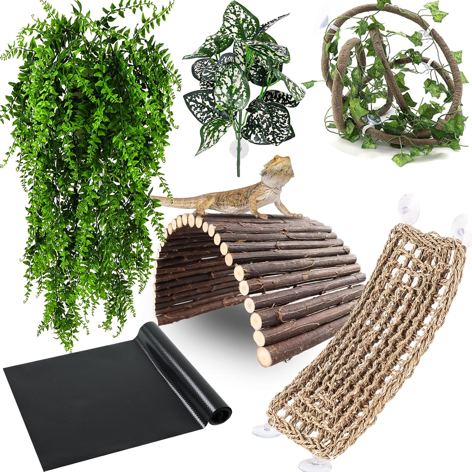 RUNANIA Bearded Dragon Tank Accessories, Reptile Mat Hammock Plants Bridge Jungle Climber Vines Terrarium Decorations for Bearded Dragon Lizard Snake