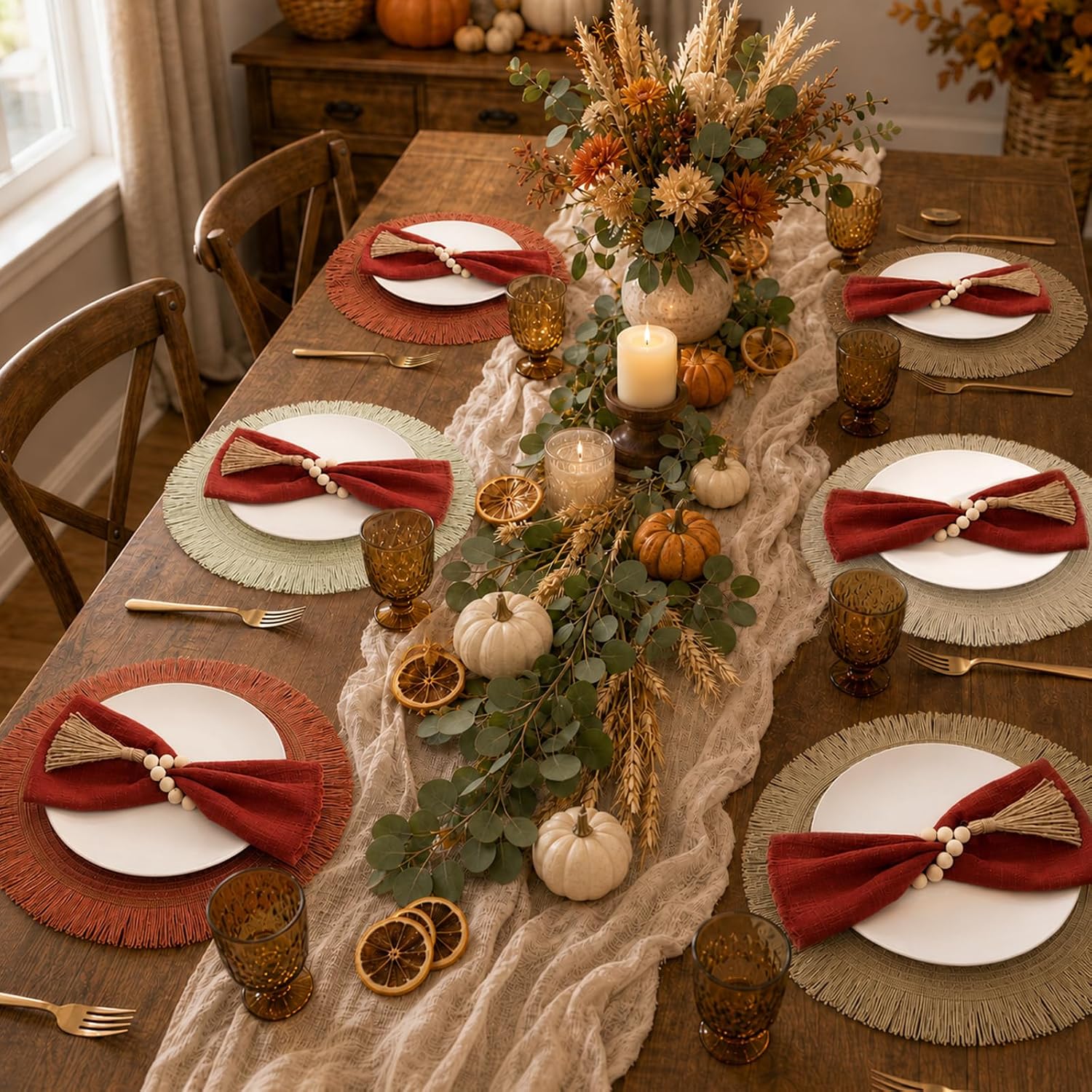 18 Piece 15 Inch Decorative Boho Table Placemats, 6 Set Round Braided Woven Place Mats in Brown Orange Beige White with Rust Napkins and Wood Bead Tassel Rings for Fall Thanksgiving Dining