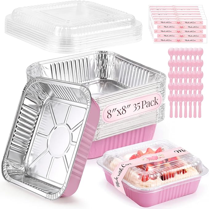 YQER 35 Pack 8x8 Inch Pink Disposable Aluminum Pans with