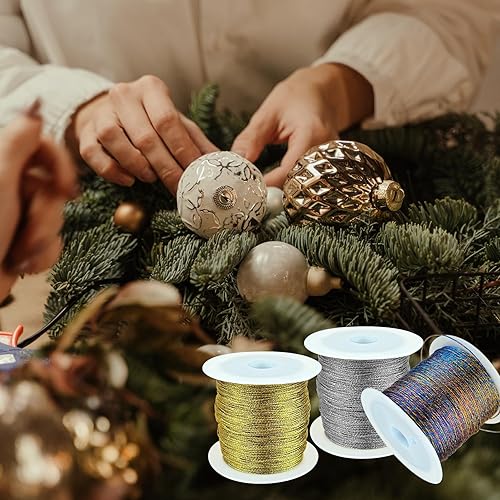 Miniatura 6 de Cordón metálico, hilo de cuentas, alambre de adorno, cordón para manualidades, cuerda de adorno, decoración colgante de Navidad (dorado, 164 pies)