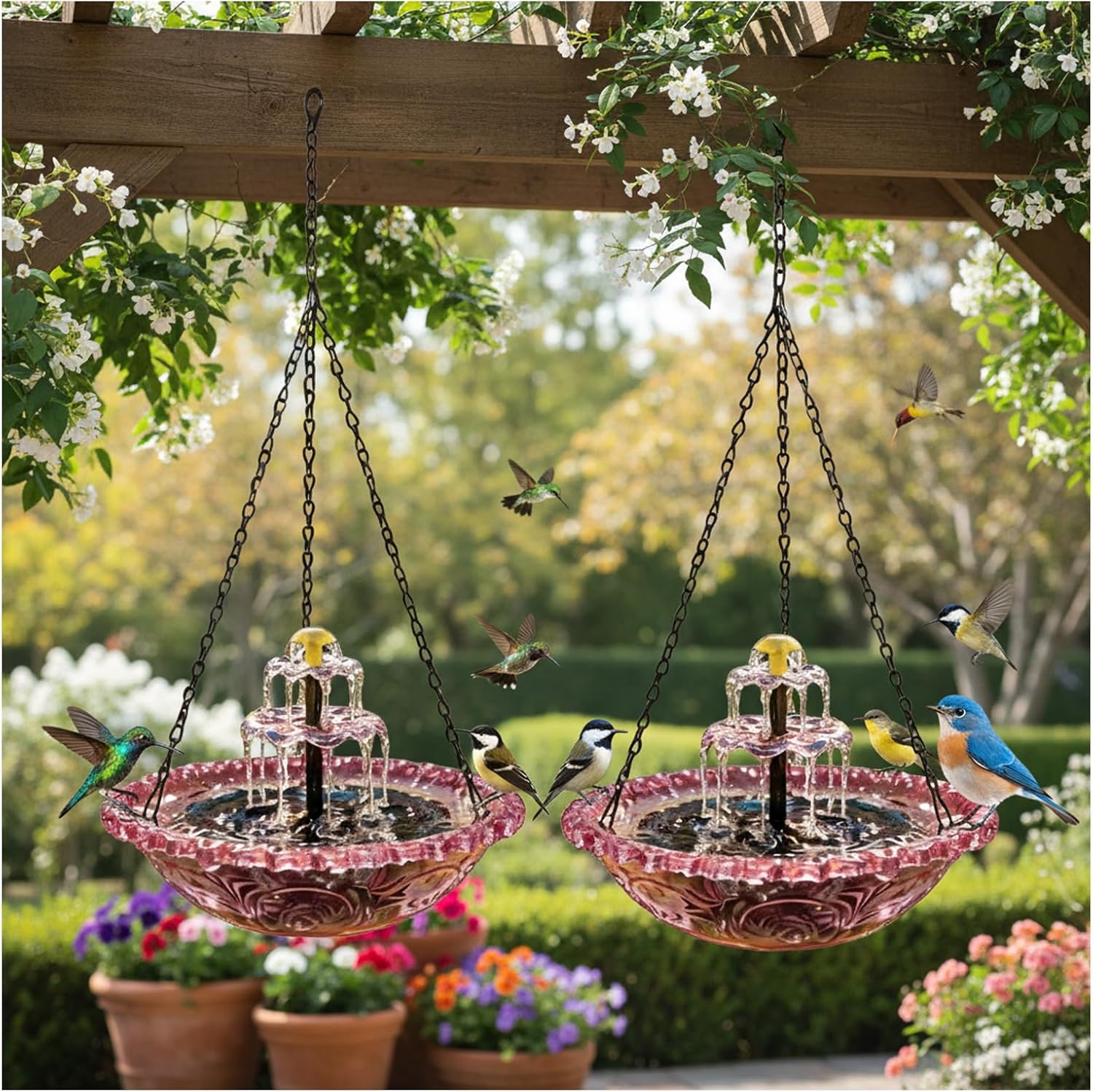 2 Pack Solar Hanging Bird Bath Fountain - 2026 Upgraded 3-Tier Cascading Glass-Style Water Fountain, Solar Powered Birdbath with Metal Chains for Garden, Patio & Yard Decor