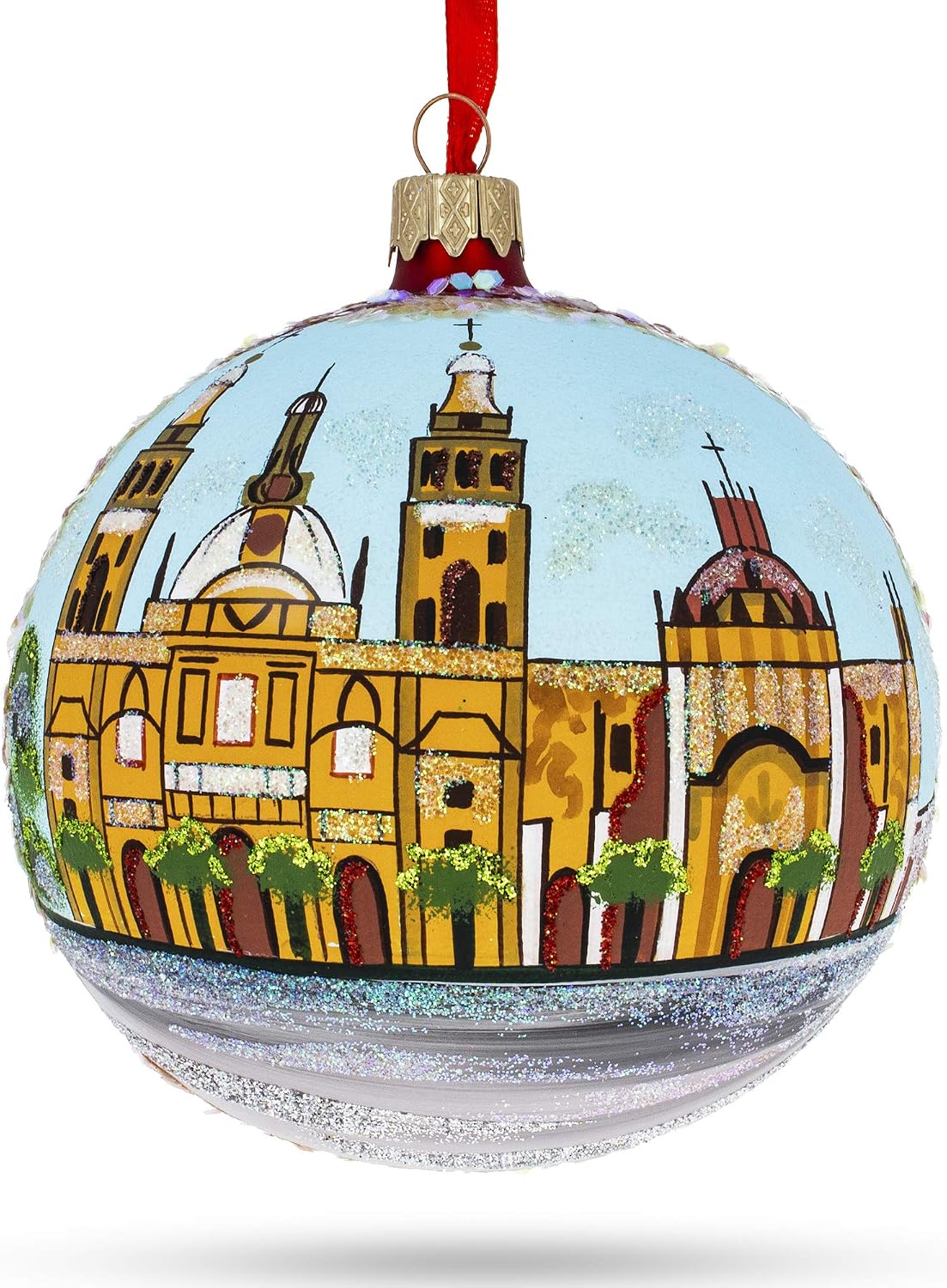 Zocalo, Mexico City, Mexico Glass Ball Christmas Ornament 4 Inches | Hand Painted in Ukraine, German Glass, Italian Paints, Hanging Ribbon, Gift Tag, Gift Boxed
