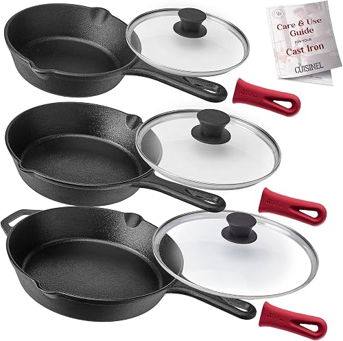 Cuisinel Cast Iron Skillet Set - 6"+8"+10"-Inch + Glass Lids + Silicone Handle Holder Covers - Pre-Seasoned Frying Pan - Oven Safe Cookware - Indoor/Outdoor, Grill, BBQ, Fire, Stovetop, Induction Safe