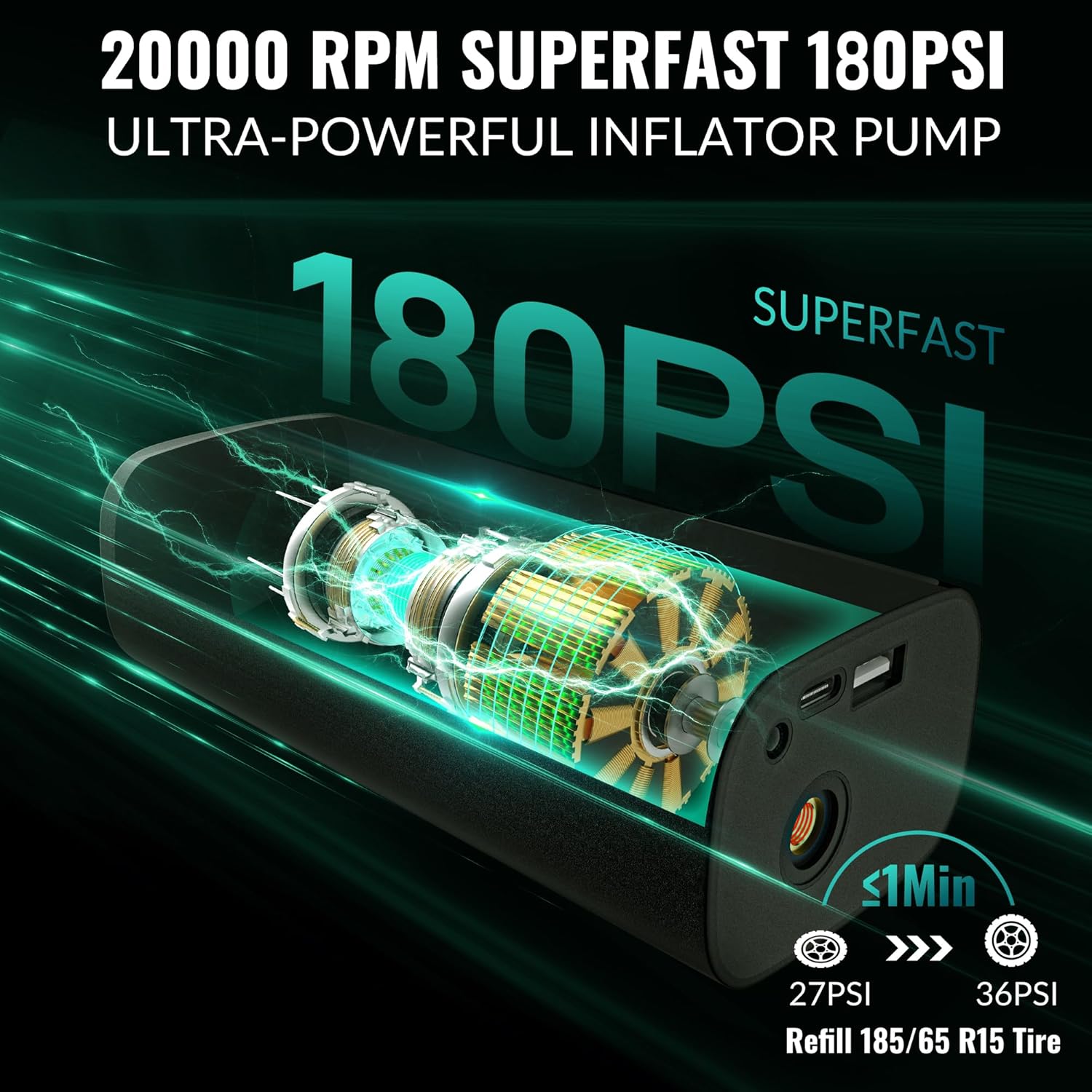 Upgrade Tire Inflator Portable Air Compressor-180PSI Air Pump for Car Tires-Electric 3X Faster Tire Inflation-Cordless Tire Pump with Pressure Gauge for Car, Motorcycle, Bicycle, Ball and More - Image 2