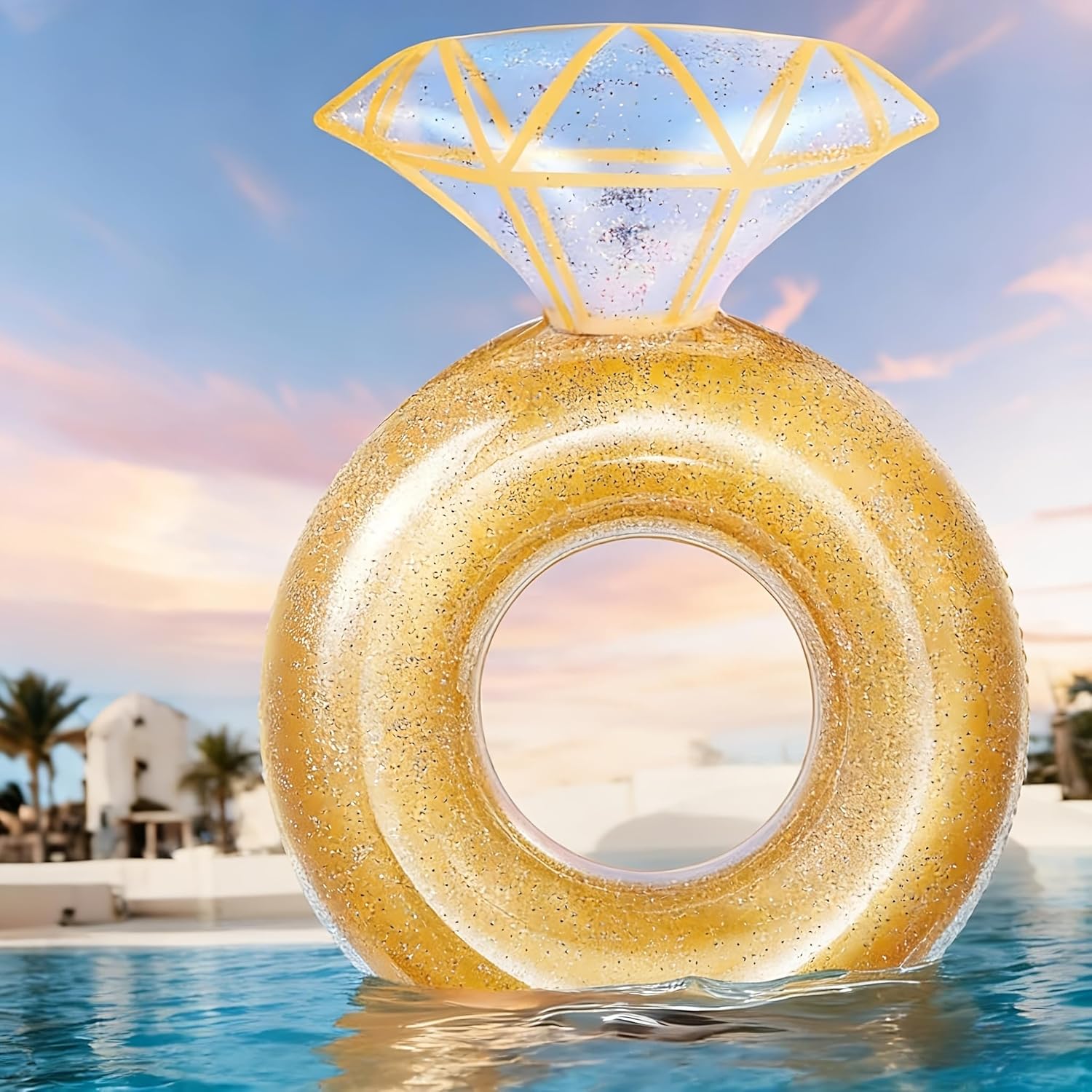 Pool Floats, Inflatable Ring Pool Float, Large Engagement Ring Floatie for Party, Swim Tube River Lake Wedding Stagette Decor Fun Raft for Adults, Golden