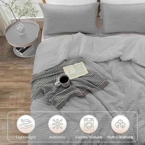 Miniatura 2 de Homelike Moment Juego de edredón bohemio tamaño individual, color gris claro, 2 piezas, ligero, cálido, jacquard, juego de edredón para todas las